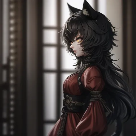 Kaedemb, side view, red dress, cat ears, black hair, long hair, amber eyes, big eyes