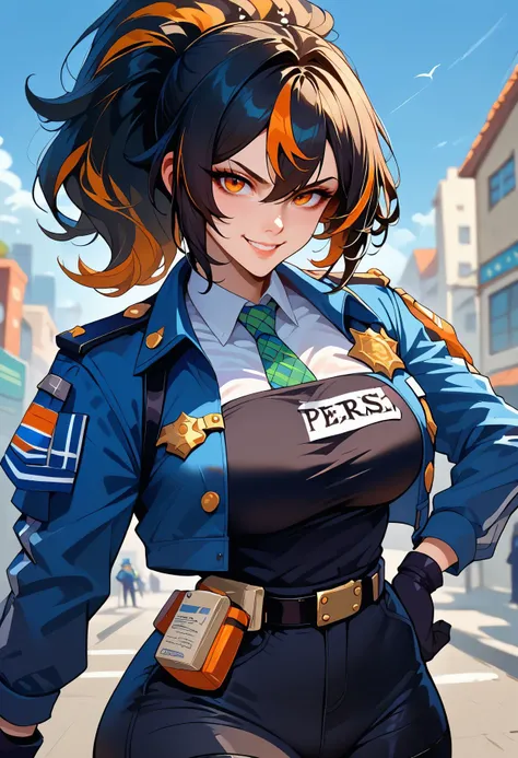 score_9, score_8_up, score_7_up, score_6_up, score_5_up,  <lora:zhu_yuan_xl:0.8>zhu-yuan,black hair,streaked hair, orange eyes, long hair ponytail, 1girl, solo, jacket, necktie, breasts, gloves, police, white background, looking at viewer, police uniform, ...