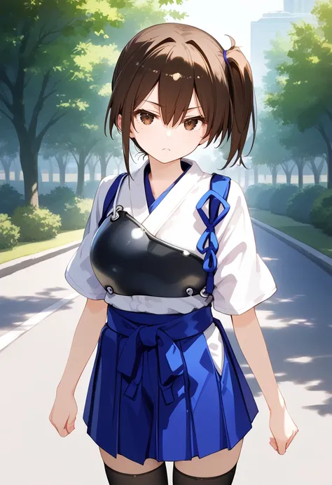 solo, standing, cowboy shot, park,  <lora:KC_04AC_kaga_pony:1> kagakc, brown hair, black hair. side ponytail, short ponytail, brown eyes. black eyes, bangs, hair between eyes,        kagadefkc, japanese_clothes_tasuki, white shirt, short sleeves, blue haka...