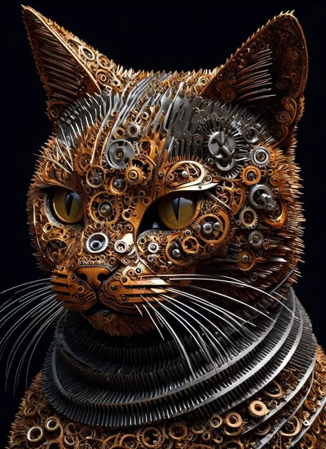 A cat made of roast gears, hyperdetailed, photorealistic, product photo style  <lora:gearstyle:1>