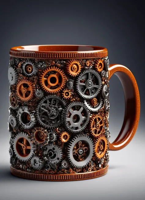 A mug  made of roast gears, hyperdetailed, photorealistic, product photo style <lora:gearstyle:0.8>