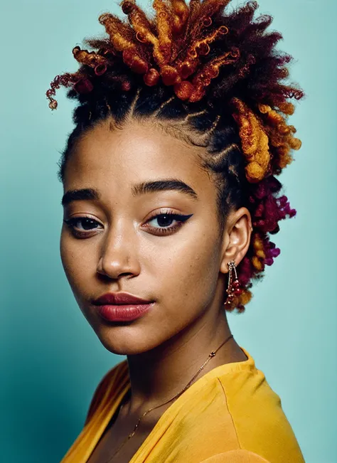 portrait of beautiful sks woman by Flora Borsi, style by Flora Borsi, bold, bright colours, intricate haircut, (Flora Borsi), by annie leibovitz, natural lighting, <lora:locon_amandlastenberg_v1_from_v1_64_32:0.7> <lora:lora-small-amandla-stenberg-v1:0.65>