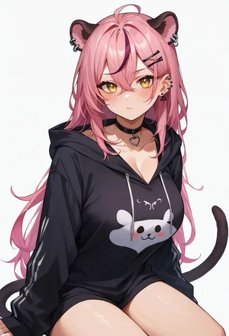 score_9,score_8_up,score_7_up,score_6_up,1girl, alternate costume, black choker, black hoodie, blush, breasts, choker, drawstring, ear piercing, hair between eyes, hair ornament, hairclip, hood, hood up, hoodie, large breasts, long hair, long sleeves, look...