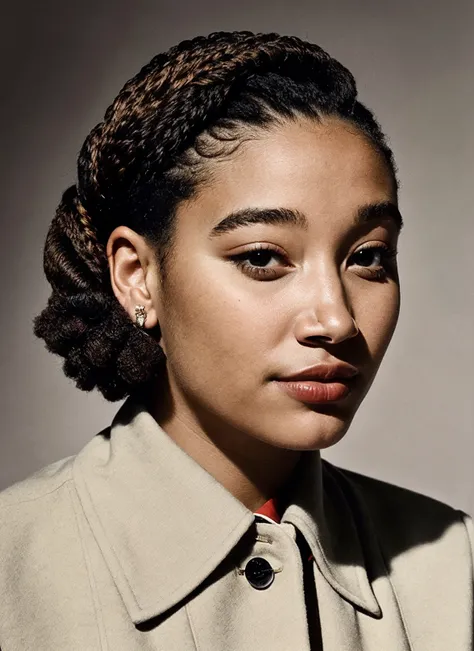 Empowered portrait of sks woman in the 1940s, military-inspired fashion, vibrant tones amidst a broader palette of muted shades, a practical yet stylish haircut, captured by Margaret Bourke-White, employing natural lighting to convey resilience and strengt...