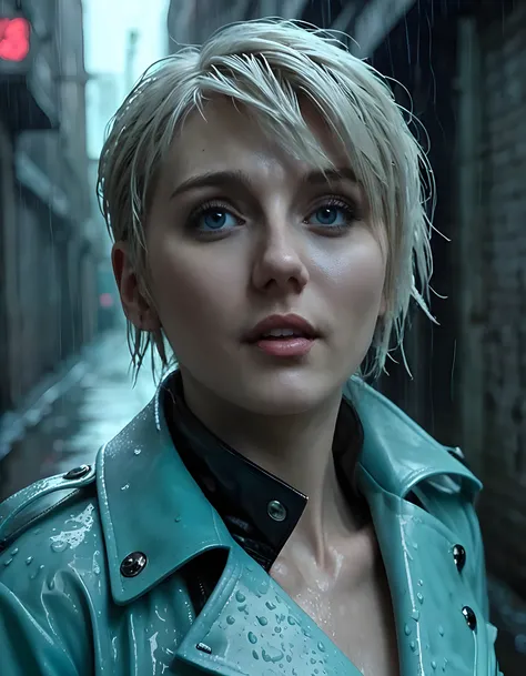 In a neo-noir, rain-soaked dystopian cityscape, the image captures a striking close-up of KR15T1L3Y, a woman with a platinum-blonde pixie cut and piercing blue eyes, dressed in a high-collar, asymmetrical, cyan leather trench coat, her lips pursed in a clo...