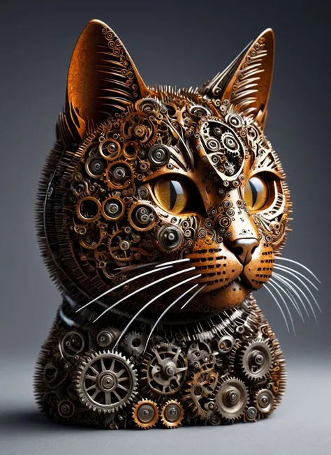 A cat made of roast gears, hyperdetailed, photorealistic, product photo style  <lora:gearstyle:1>