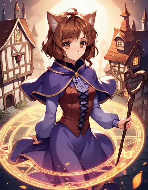 score_9, score_8_up, score_7_up, (mikeou), 1girl, adult, solo, catgirl, mage, brown hair, hazel eyes, sexy robes, capelet, magic circle, magic staff, medieval town, wizard tower, , <lora:1_xl_mikeou_12e:1.15>