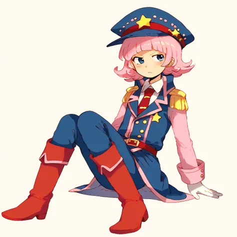 <lora:skirbygkb:1> kirbman, pink hair, flipped hair, short hair, blunt bangs, blue eyes, blue peaked cap, star (symbol), red belt on hat, epaulettes, white undershirt, red tie, red knee-high boots, red pants, grey vest, blue overcoat with pink trim, long s...