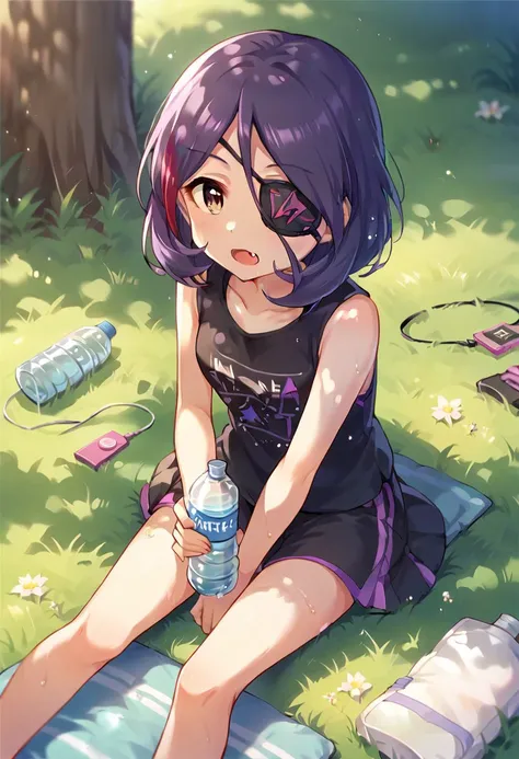 score_9, score_8_up, score_7_up, source_anime,hayasaka mirei, short hair, purple hair, brown eyes, eyepatch, 1girl, water bottle, solo, earphones, bottle, fang, open mouth, grass, sitting, tree