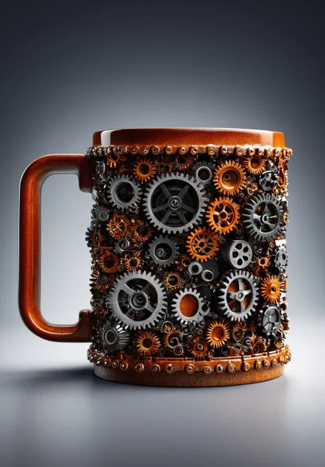 A mug  made of roast gears, hyperdetailed, photorealistic, product photo style <lora:gearstyle:0.8>