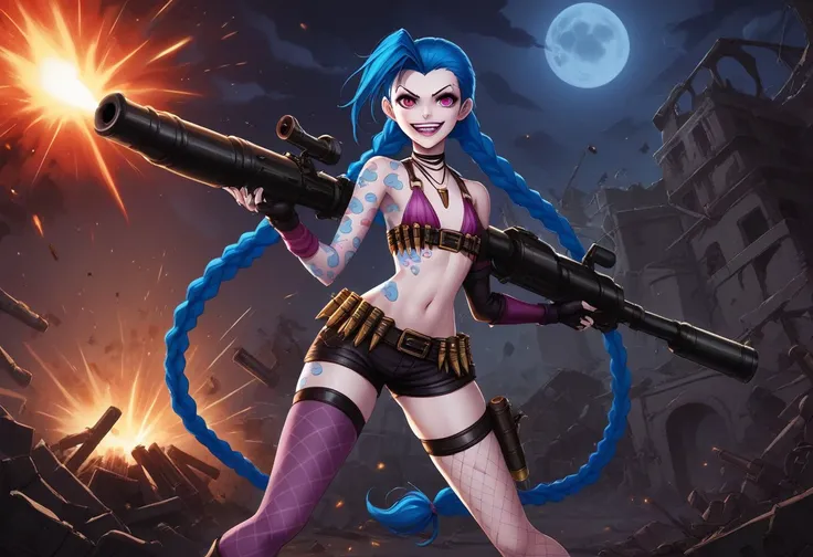 Jinx, League of Legends, 1girl, solo, long hair, smile, braid, blue hair, weapon, gloves, twin braids, tattoo, fingerless gloves, very long hair, thighhighs, gun, jewelry, navel, bangs, pink eyes, bare shoulders, open mouth, bullet, holding, boots, necklac...