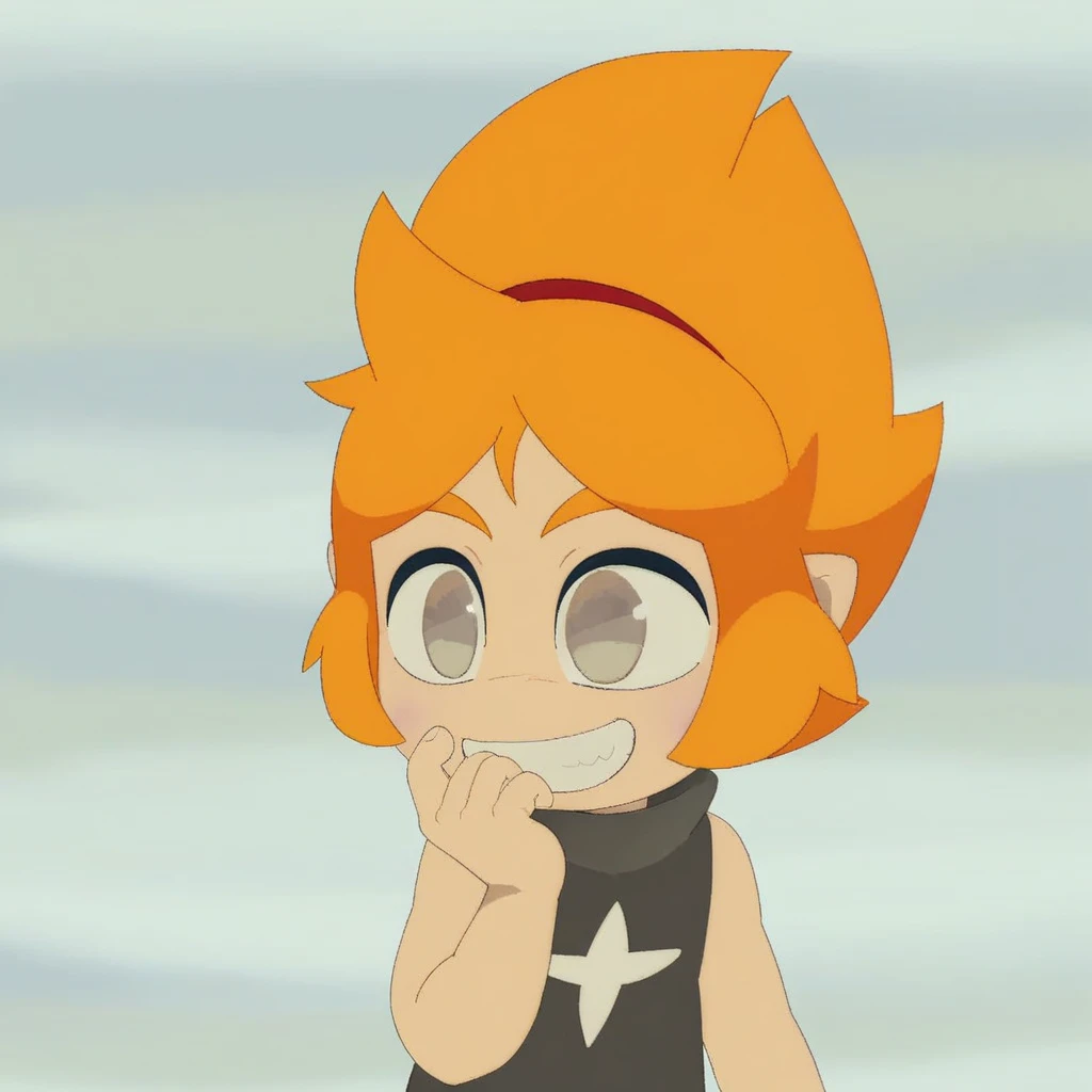 1girl, solo, small body,female child orange hair, hairband, sleeveless, upper body, smile, teeth showing, grey eyes, brown eyes