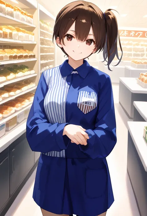 solo, standing, cowboy shot, shop,  <lora:KC_04AC_kaga_pony:1> kagakc, brown hair, black hair. side ponytail, short ponytail, brown eyes. black eyes, bangs, hair between eyes,         <lora:lawson.pony:1> lawson, score_9,score_8_up, score_7_up, source_anim...