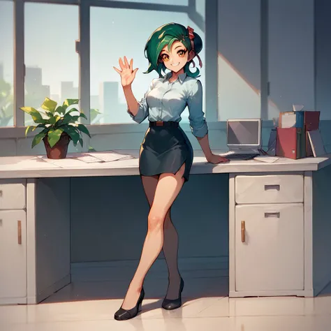 score_9, score_8_up, score_7_up, Tori Meadows, two tone green hair, office clothes, full body, smiling, waving at viewer