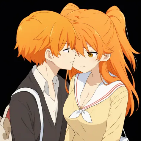 orange hair, cleavage, two side up, o o, sweater, black background, bag, 1boy, white sailor collar