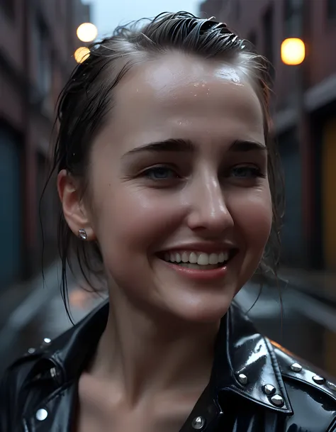 In a gritty, neo-noir style, the close-up image captures T1NYN0M4D, a woman with a radiant smile revealing her unique t1nyn0m4d teeth, dressed in a sleek, leather shirt adorned with silver studs. The background is a dimly lit, rain-soaked alleyway, where t...