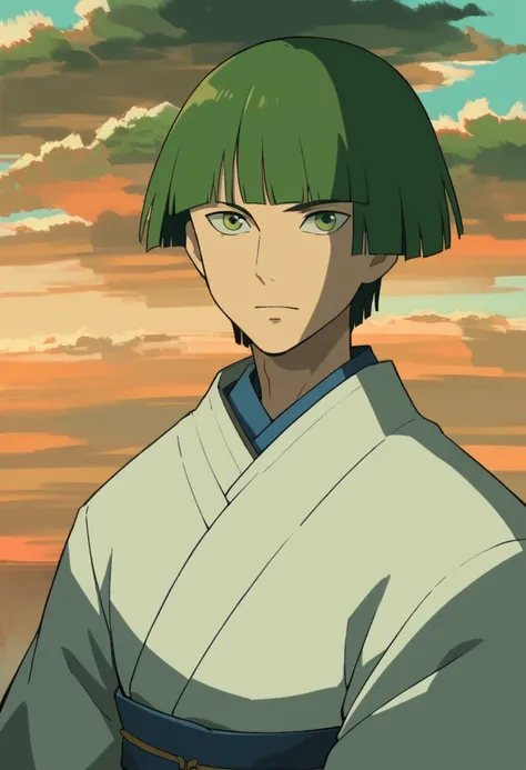 score_9, score_8_up, score_7_up, score_6_up, ghbl, 1boy, male focus, solo, green eyes, japanese clothes, green hair, bangs, sunset, clouds, Japanese buildings on the background