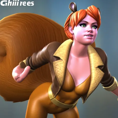 boots, hairband, leotard, squirrel ears on hairband, bushy tail, short orange hair, brown jacket, leggings, Doreen Green, squirrel  tail