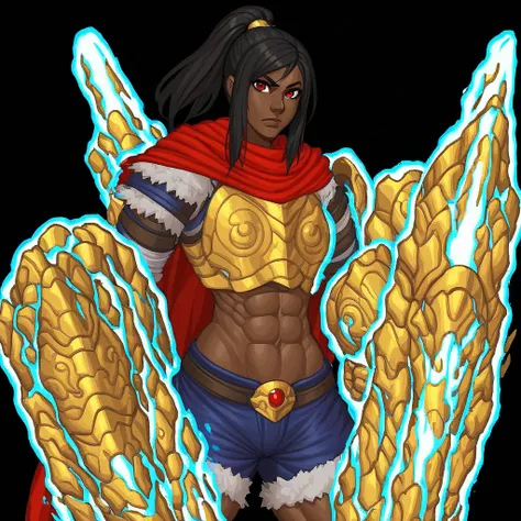 armor, red eyes, short, abs, dark skin, ponytail, long hair, cape, solo, black hair, shorts, gauntlet, boots