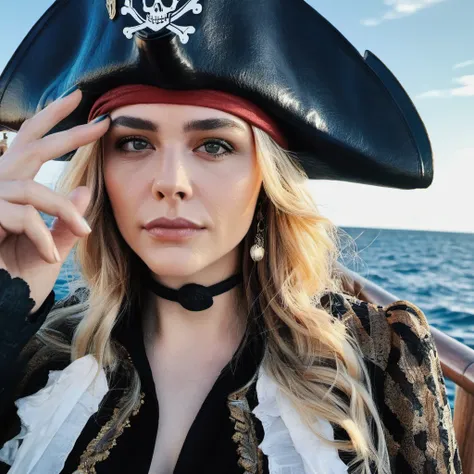 Skin Texture, Instagram iPhone Portrait photo of a woman wearing a pirate outfit on the open seas, Nikon Z9, (sharp focus), (high quality), chxmrtz,  <lora:chmoretz_juggerX_xl_1_wocap-chxmrtz-000137:1.0>