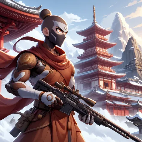 GunMonk, smooth anime, red and white, temple background