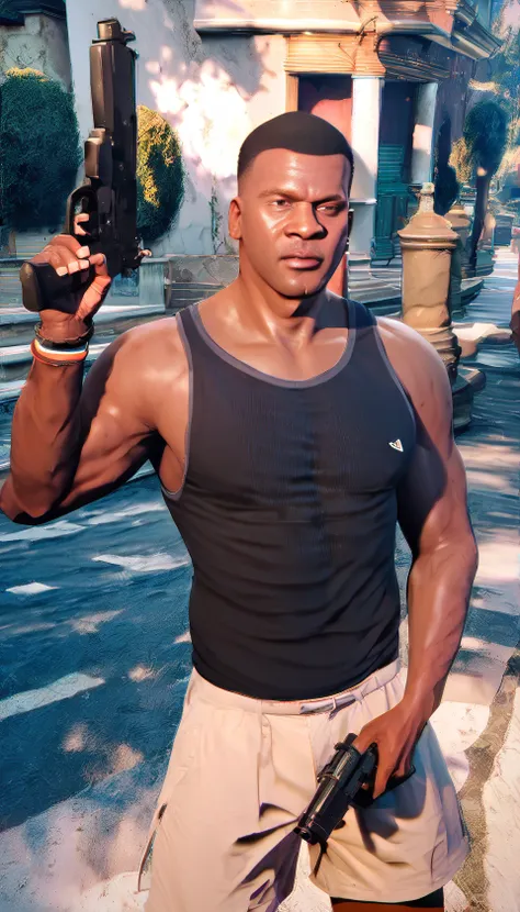 score_9, cheerful gtafranklin man wearing black tank top shirt and beige cargopants shorts holding a gun , PonyXLV6_Scores  <lora:gtafranklin_PDXL_v1-000005:1>