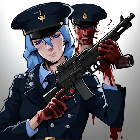 stubble, holding instrument, vaginal, formal, blue eyes, military, hat, holding gun, blood on clothes, crown