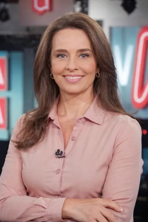 Portrait photo of c4rl4v1l3n4 woman, in a tv studio