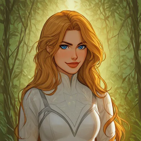 1girl with golden hair and blue eyes, wearing a white tunic with leather training armor. slight smirk. standing a beautiful forest, with dense vines and trees, deep green. minimal or no line art.