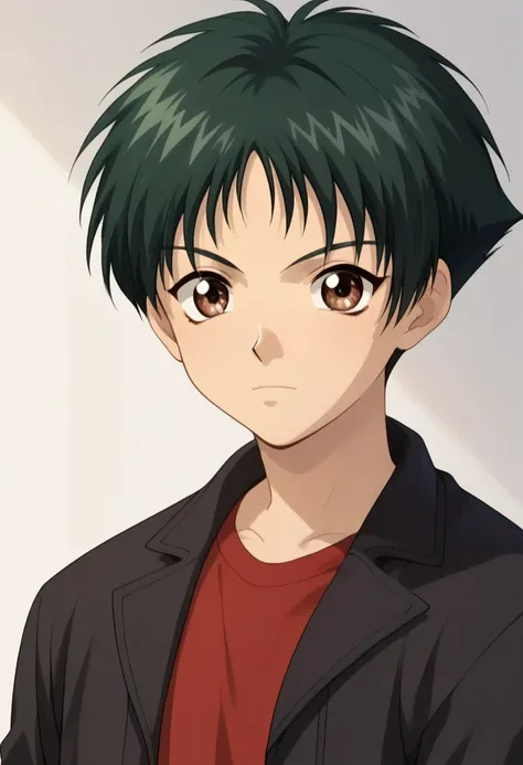 score_9, score_8_up, score_7_up, source_anime, highly detailed, 
sugurufujisaki, solo, brown eyes, male focus, 1boy, short hair, green hair, jacket, red shirt,
closed mouth, upper body,