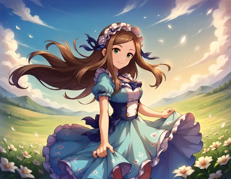 score_9,score_8_up,score_7_up,1girl,solo,smile,flower field,wind lift,
<lora:matsuyamakumiko_ponyXLV6:0.8>,cgmkm,brown hair,long hair,green eyes,
frilled blue dress,headdress