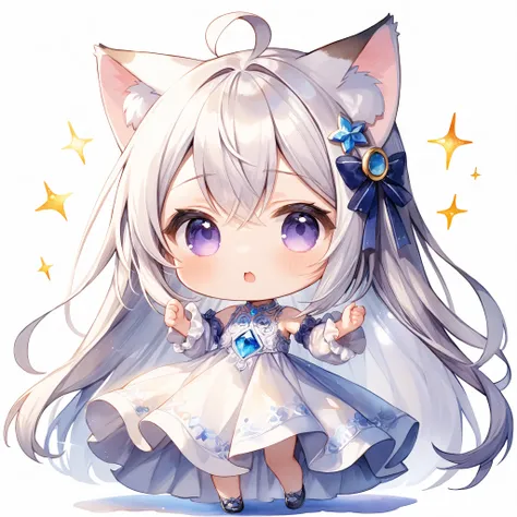 Full body shot. Cinematic angle. A very cute girl. Chibi. (Round face:1.2). Detailed dark-purple eyes. Long straight hair with ribbon ornament, (shine silver hair), (shine silver inner hair), (ahoge:1.05), cat ears and hair between eyes. Detailed body. Sma...