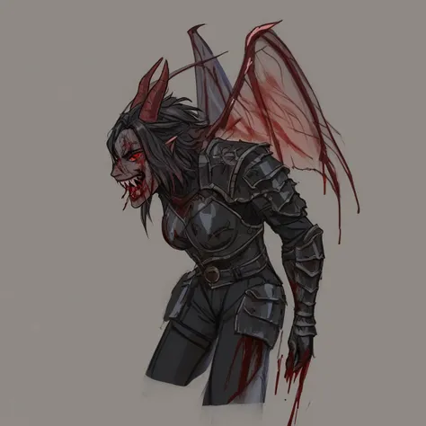 stunning drawing of a female dragon warrior, blood red eyes, large crooked horns, red and black armor, leathery wings, mouth full of sharp teeth