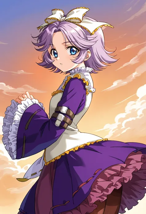 score_9, score_8_up, score_7_up, source_anime BREAK 1girl, solo, srw_latuni, dress, long sleeves, purple color long sleeves, wide sleeves, frilled skirt, purple skirt, pantyhose, hair ribbon, light purple color hair, short hair, flipped hair, pated bangs, ...