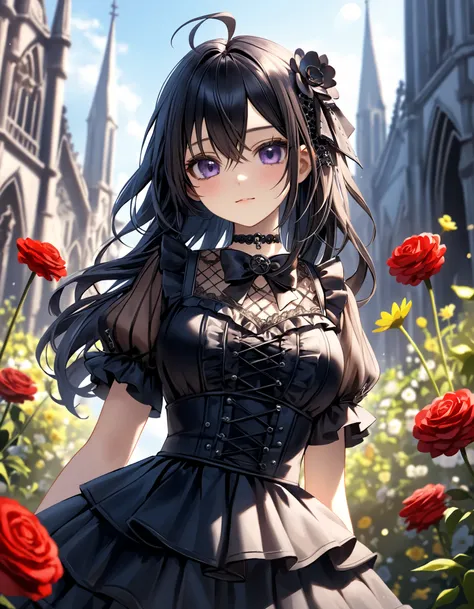 Depth of field. Upper body shot. Cinematic angle. A cute girl. Solo. (Cute round face:1.1). Detailed dark-purple eyes and tsurime. (Long:1.1) wavy hair, black hair, black inner hair, ahoge and hair between eyes. Detailed body. Medium breasts. (Ruffled goth...