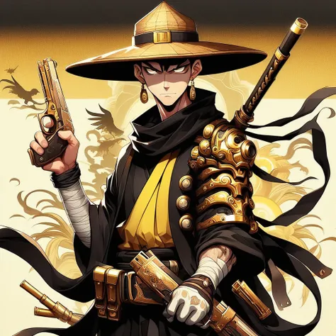 GunMonk, a man wearing a straw hat, black and gold gun,