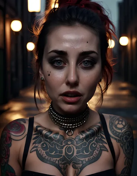 T1NYN0M4D, In a gritty, neo-noir urban setting bathed in the harsh, monochromatic glow of street lamps, T1NYN0MAD, a woman with a piercing gaze and a vibrant, intricate tattoo wrapping around her neck like a choker, stands defiantly against the cold concre...