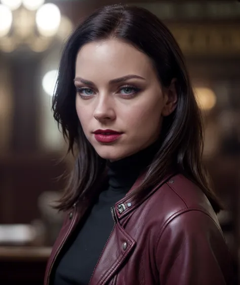 cinematic film still <lora:quiron_ClaudiaJamsson_v030310_Lora:0.77> claudiaJamssonQuiron woman, realistic, looking at viewer, blue eyes, lips, solo,  smile ,  MakeUp,, A stunning intricate full color portrait of a beautiful woman, leather jacket and maroon...