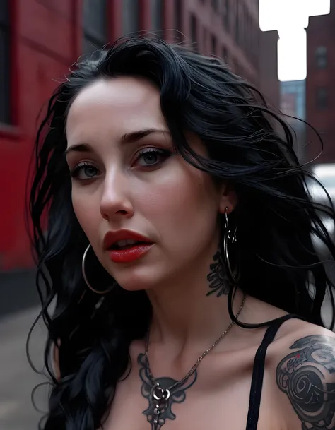 In a gritty, neo-noir urban setting, a woman named T1NYN0M4D, with long, black hair cascading down her back in loose waves, poses seductively yet defiantly, her piercing eyes locked onto the viewers soul. Her luscious lips are painted a bold, crimson red, ...