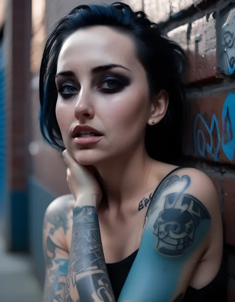 In a dark, industrial loft set against the gritty backdrop of New York Citys Lower East Side, the camera captures a close-up image of T1NYN0M4D - a striking woman with a shock of black hair and a bold arm tattoo. The light from the streetlamps outside cast...