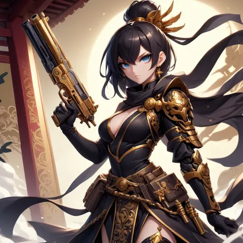GunMonk, smooth anime, gold and black, holding a gun, seductive outfit, beautiful woman black hair blue eyes