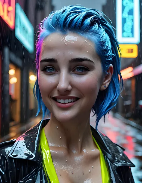 In a gritty, urban noir setting, T1NYN0M4D, a woman of striking elegance and rebellion, poses under the soft glow of a neon sign in an alleyway drenched with rain. Her eyes sparkle with a mischievous glint as she flashes a captivating smile, revealing a si...