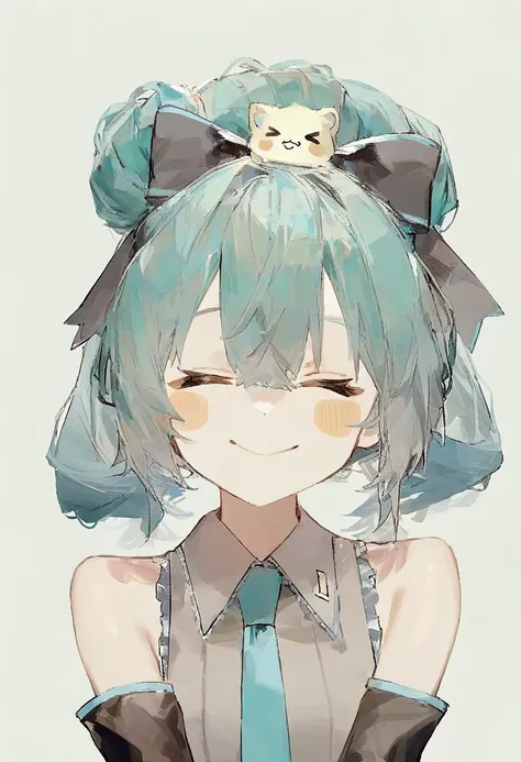 by rsef, 1girl, 1 hatsune miku, white background, simple background, upper body, holding, smile, blush stickers, ear bow, closed mouth, closed eyes, hair bow, collared shirt, sleeveless shirt, grey shirt, detached sleeves, black sleeves, aqua necktie, bare...