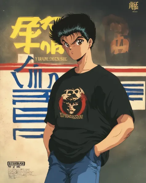 score_9, source_anime, score_8_up, score_7_up, best quality, urameshi yuusuke, yu yu hakusho, solo, looking at viewer, short hair, shirt, black hair, long sleeves, 1boy, brown eyes, closed mouth, standing, collarbone, male focus, cowboy shot, pants, artist...