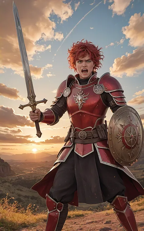 score_9,score_8_up,score_7_up,score_6_up,source_anime,1boy,fantasy warrior,shiny armor,black-red armor,large sword,shield with a crest on it,messy hair,red hair,yelling,aggressive stance BREAK Mountain top,sunrise,volumetric lighting,colorful clouds BREAK ...