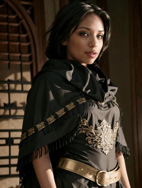 Jasmine8, masterpiece, highest detail, (sharp focus:1.4), 4k, (intricate:1.3), solo, absurdres, 1girl female knight,
short blonde hair, brown eyes,
wearing a full armor and a gothic, black gothic armor, (intricate black poncho capelet:1.27), gold laced, bl...