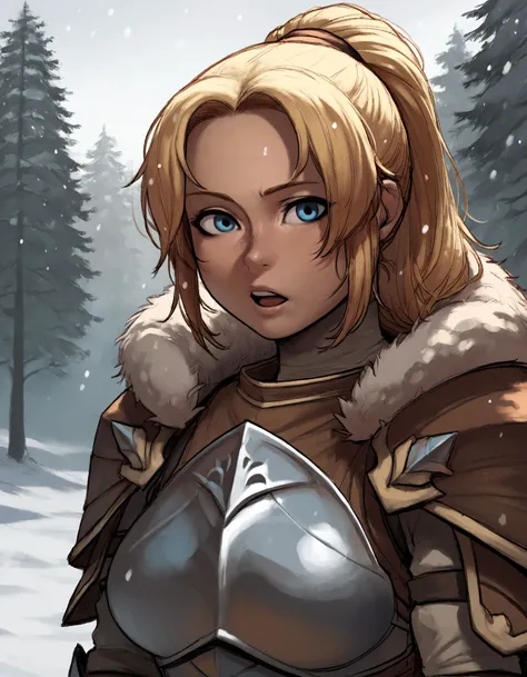 score_9, score_8_up, score_7_up, front view, close-up, outside, snow, snowing, forest, overcast, tree, looking at viewer, blue eyes, blonde hair, open mouth, solo, female, human, long hair, ponytail, medium breasts, full armor, pauldrons, bracers, brown gl...