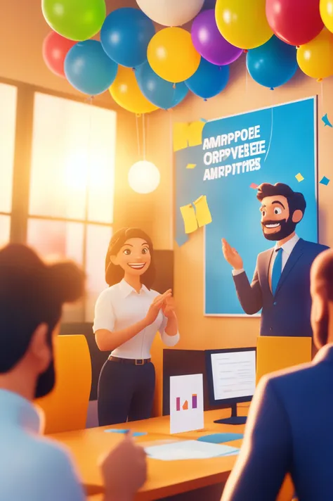 FRESHIDEAS Cartoon scene,A HD 3D cartoonish design for A 3D cartoon scene of an employee receiving a Employee of the Month award from their boss in front of the team. The employee looks happy and confident,with a big smile and a proud posture. The team is ...