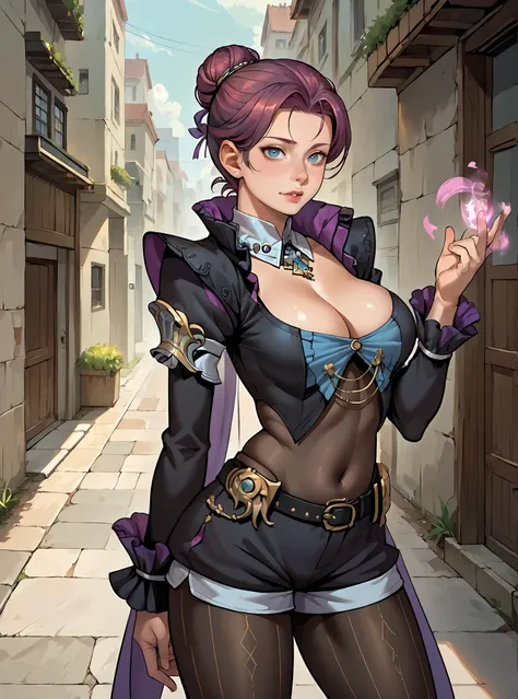 score_9, score_8_up, score_7_up, She stands with one hand resting on her hip, the other gesturing as she speaks., 1girl, solo, looking at viewer, street, diluca, breasts, large breasts, shorts, pantyhose,, purple hair, low hair bun, cleavage, veil, skinny,...