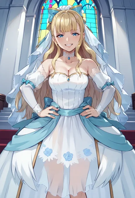 score_9, score_8_up, score_7_up, source_anime, 1girl, cowboy shot, looking at viewer, grin, hands on own hips, <lora:CharlotteFE-pdxl:1> brdChar, long hair, blunt bangs, hair bow, blue bow, veil, white choker, wedding dress, strapless, cleavage, detached s...